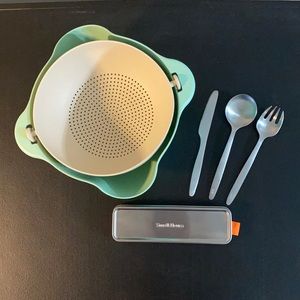 Sustainable Kitchen Ware—Bamboo Strainer/Pour Bowl and On-The-Go Cutlery Set